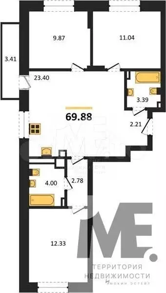 3-к. квартира, 69,9 м, 9/9 эт. - Фото 0