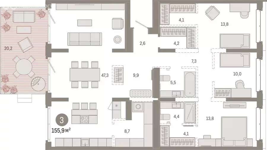 3-комнатная квартира: Тюмень, жилой комплекс На Минской (155.85 м) - Фото 1