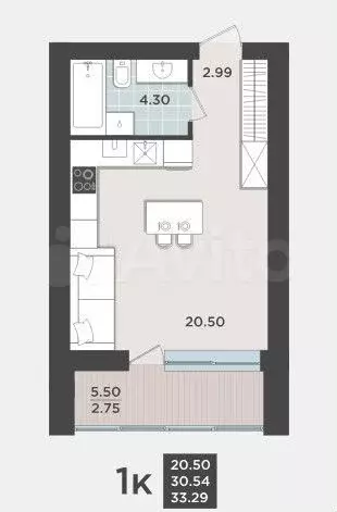 Квартира-студия, 33,3 м, 9/9 эт. - Фото 1