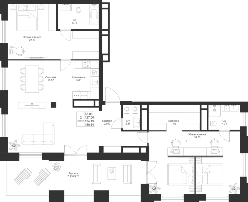 2-к квартира, 134.19 м - Фото 0