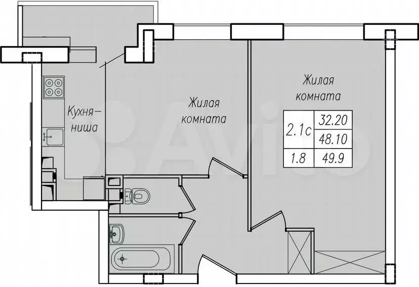 2-к. квартира, 49,9м, 7/10эт. - Фото 1