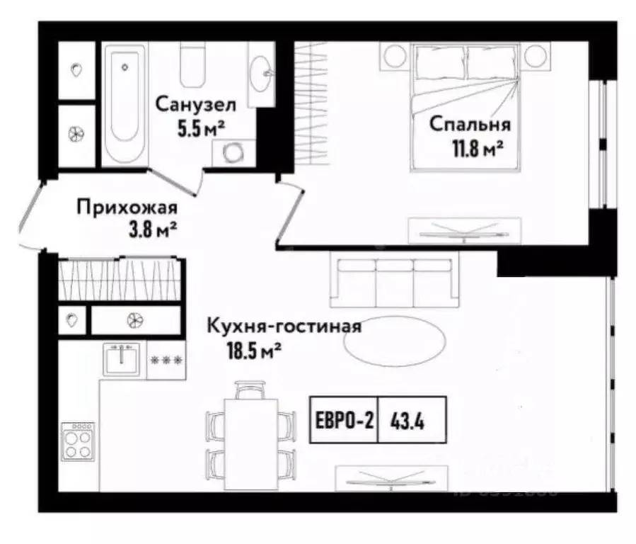 2-к кв. Тульская область, Тула ул. Седова, 26к2 (43.0 м) - Фото 2