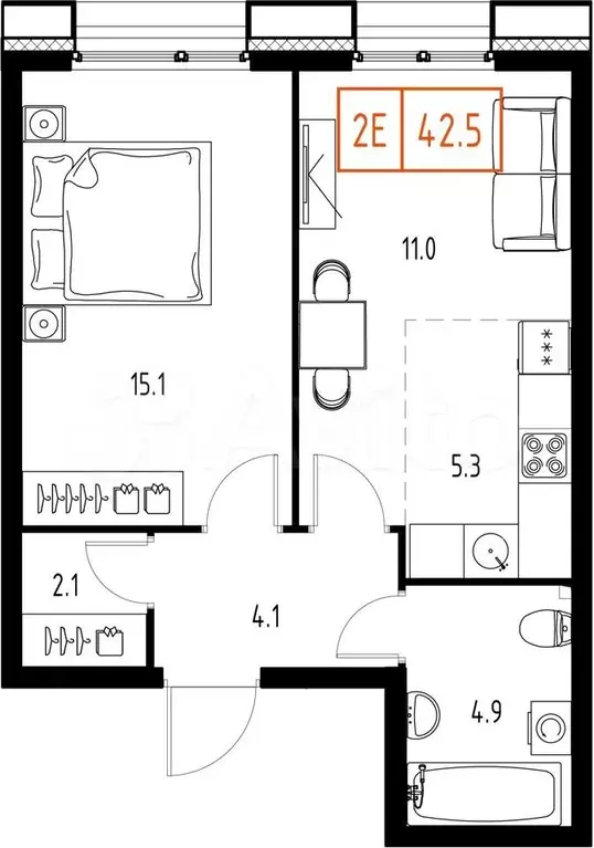 1-к. квартира, 42,5 м, 7/9 эт. - Фото 1