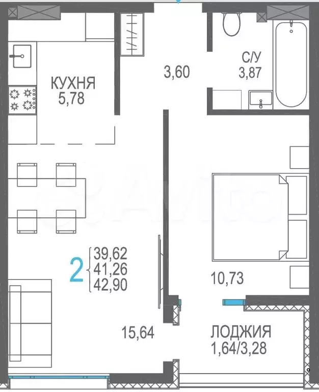 2-к. квартира, 42,9 м, 3/9 эт. - Фото 0