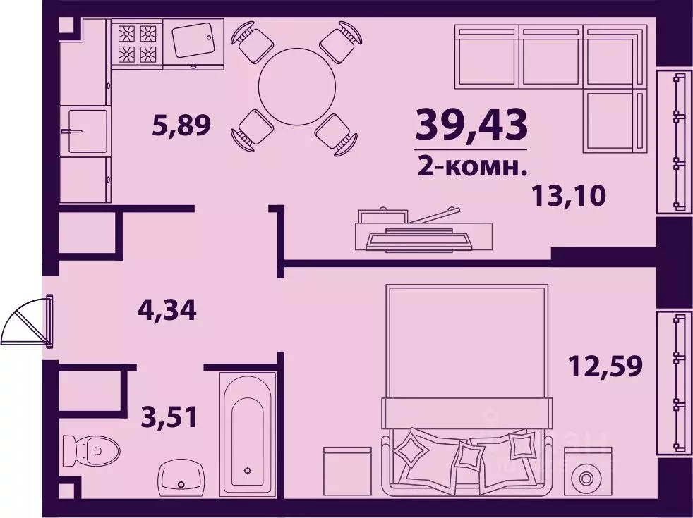 2-к кв. Ульяновская область, Ульяновск ул. Врача Михайлова (39.43 м) - Фото 0