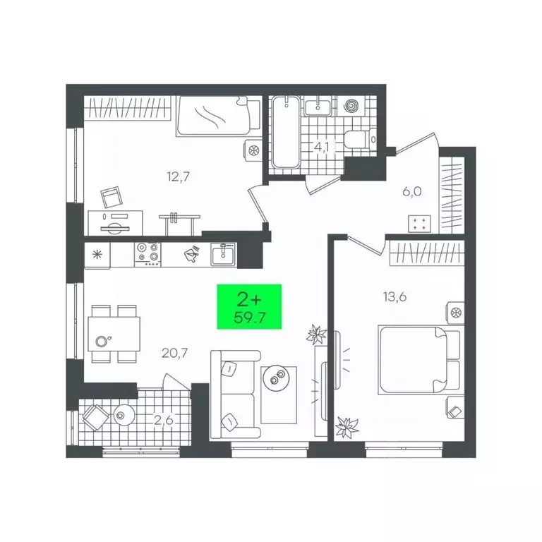 2-к кв. Тюменская область, Тюмень Комарово Парк жилрайон,  (59.7 м) - Фото 1