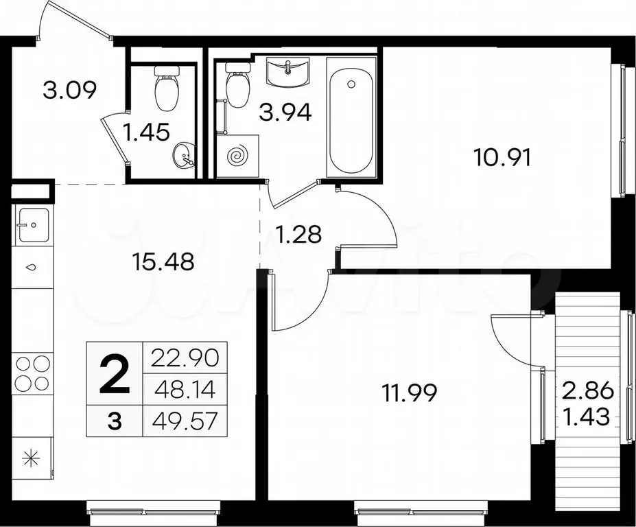 2-к. квартира, 49,6 м, 1/9 эт. - Фото 0