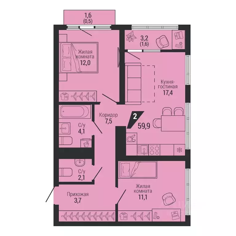 2-к кв. Свердловская область, Екатеринбург Вторчермет жилрайон,  (59.9 ... - Фото 2