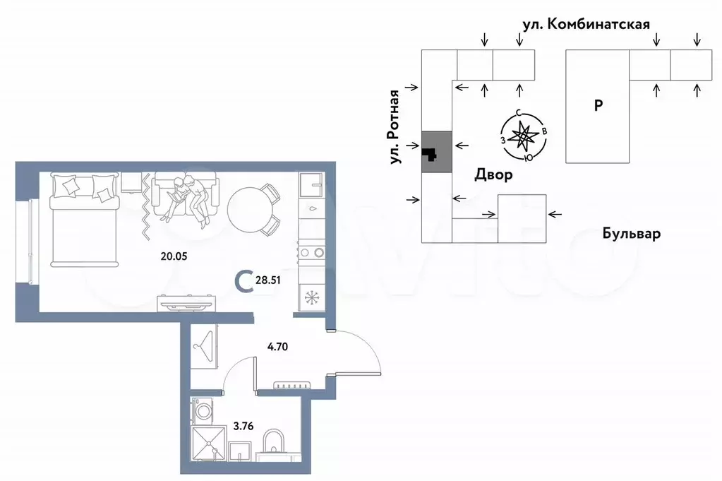 Квартира-студия, 28,5 м, 9/21 эт. - Фото 0