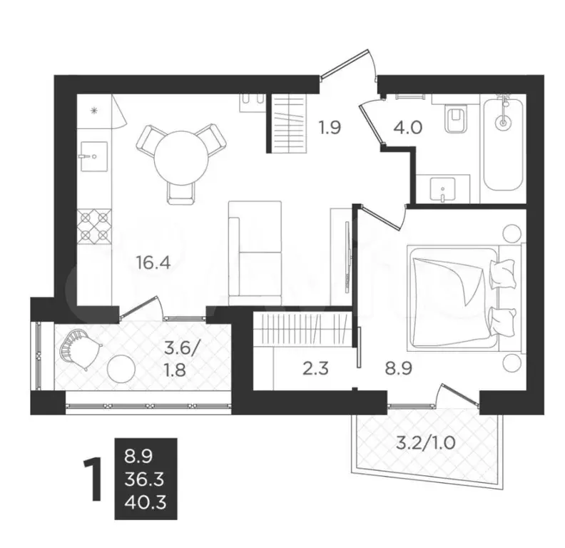 1-к. квартира, 36,3 м, 2/4 эт. - Фото 1