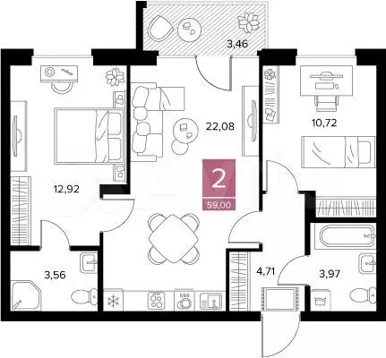 2-к. квартира, 59 м, 7/9 эт. - Фото 0
