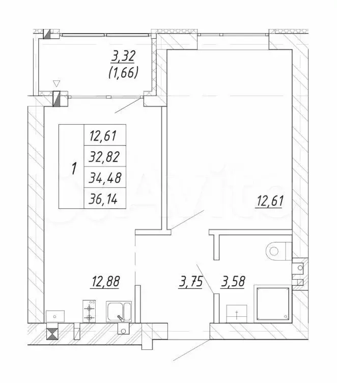 1-к. квартира, 34,5 м, 2/4 эт. - Фото 1