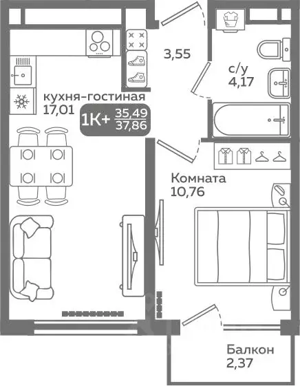 1-к кв. Тюменская область, Тюмень ул. Заполярная, 9/2 (35.49 м) - Фото 0