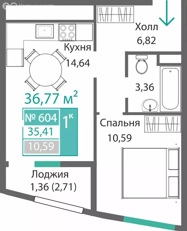 1-комнатная квартира: Симферополь, ЖК Барбарис (36.77 м) - Фото 0