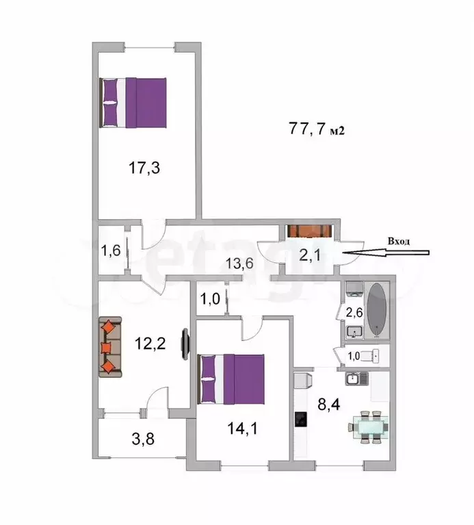 3-к. квартира, 71,8 м, 6/9 эт. - Фото 0
