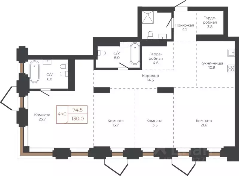 4-к кв. Алтайский край, Барнаул пл. Баварина, 8к2 (129.6 м) - Фото 1