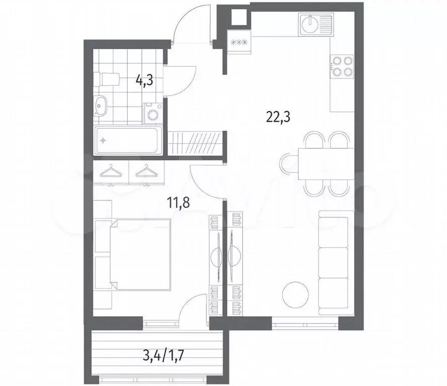 1-к. квартира, 43,5м, 1/5эт. - Фото 1