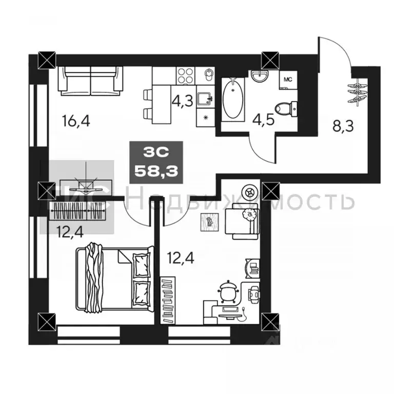 2-к кв. Новосибирская область, Новосибирск ул. Маковского, 6 (58.3 м) - Фото 1