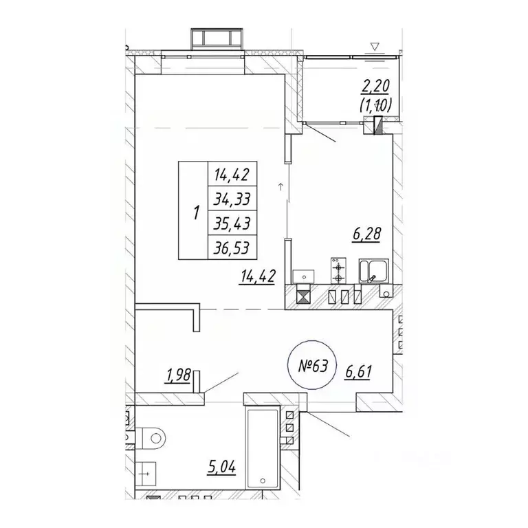 1-к кв. Калининградская область, Зеленоградск  (35.43 м) - Фото 2