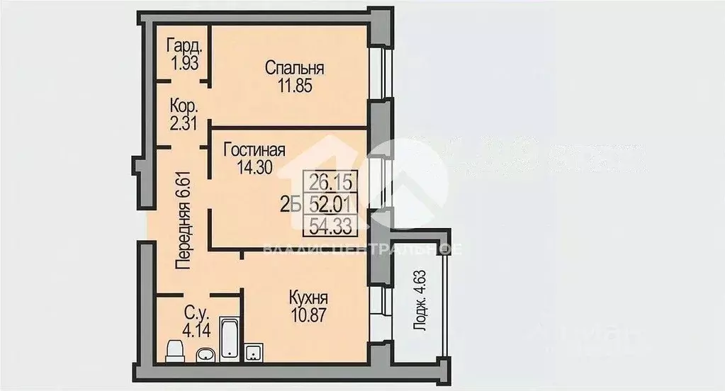 Квартира, 2 комнаты, 54.33 м - Фото 0
