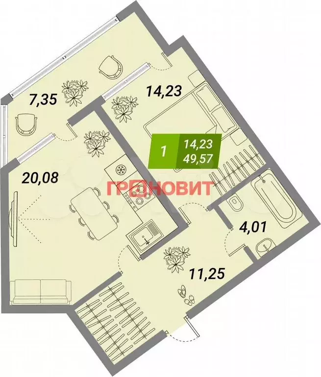 1-к. квартира, 49,6 м, 7/29 эт. - Фото 0