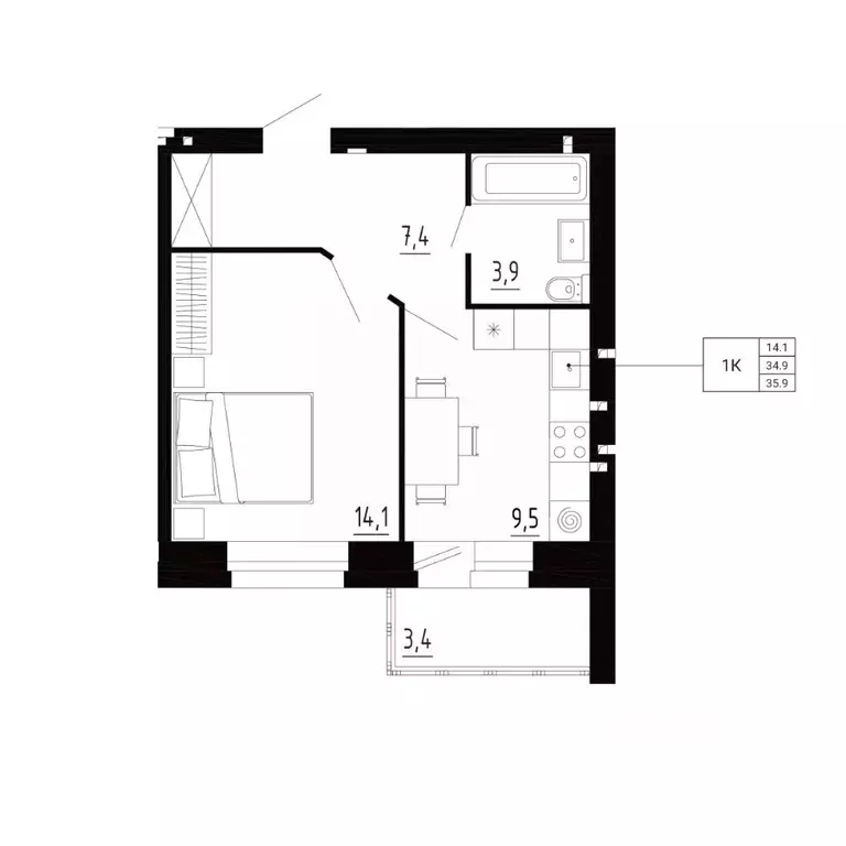 1-к кв. Орловская область, Орловский район, д. Образцово, Первый мкр  ... - Фото 2