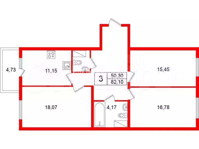 3-к. квартира, 82,1 м, 1/9 эт. - Фото 0