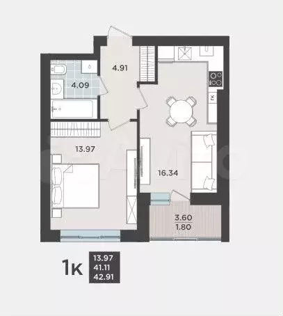 1-к. квартира, 42,9 м, 5/9 эт. - Фото 1