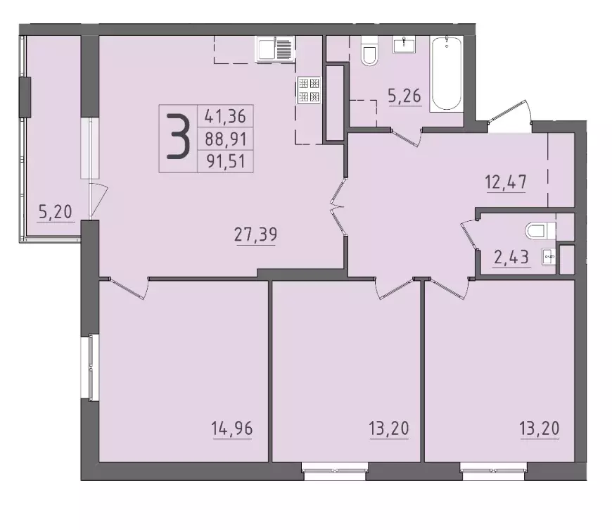 3-к квартира, 91.51 м - Фото 0