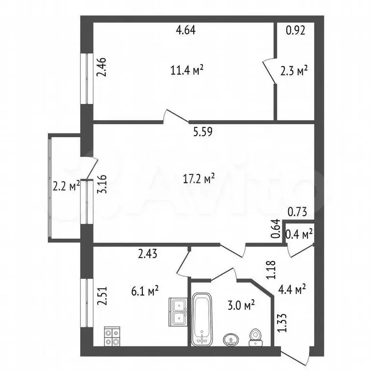 2-к. квартира, 45 м, 4/5 эт. - Фото 0