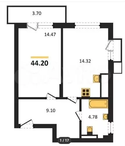 1-к. квартира, 44,2 м, 5/7 эт. - Фото 1