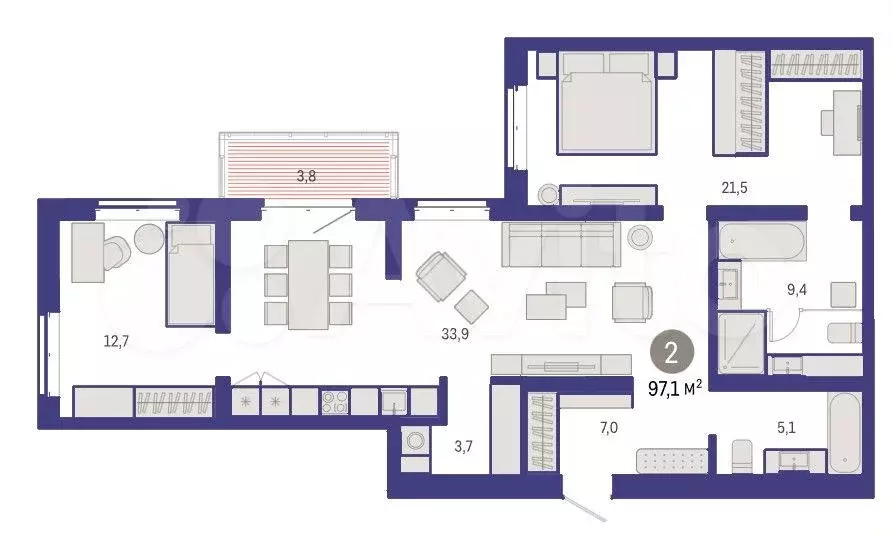 2-к. квартира, 97 м, 3/8 эт. - Фото 1