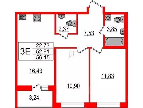Квартира, 2 комнаты, 56.15 м - Фото 0