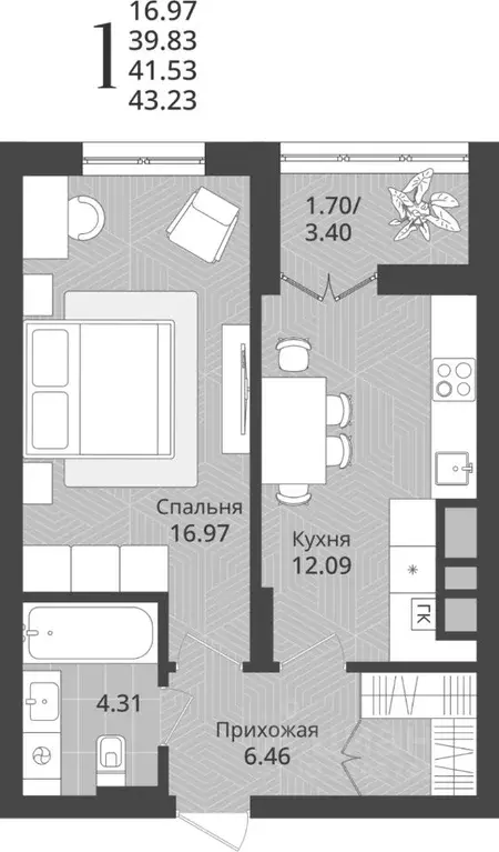 1-к кв. Калининградская область, Калининград Осенняя ул., 34 (41.53 м) - Фото 1