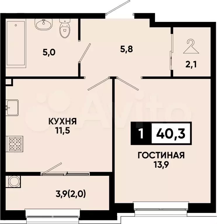 1-к. квартира, 40,3 м, 2/12 эт. - Фото 0