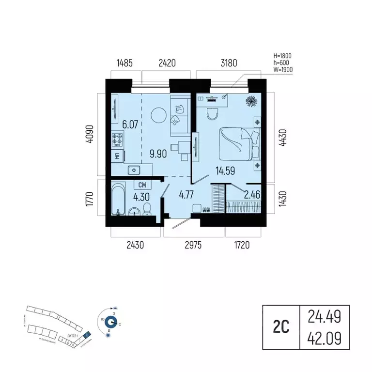 2-к кв. Башкортостан, Уфа Глумилино-1 мкр, Новатор жилой комплекс ... - Фото 0