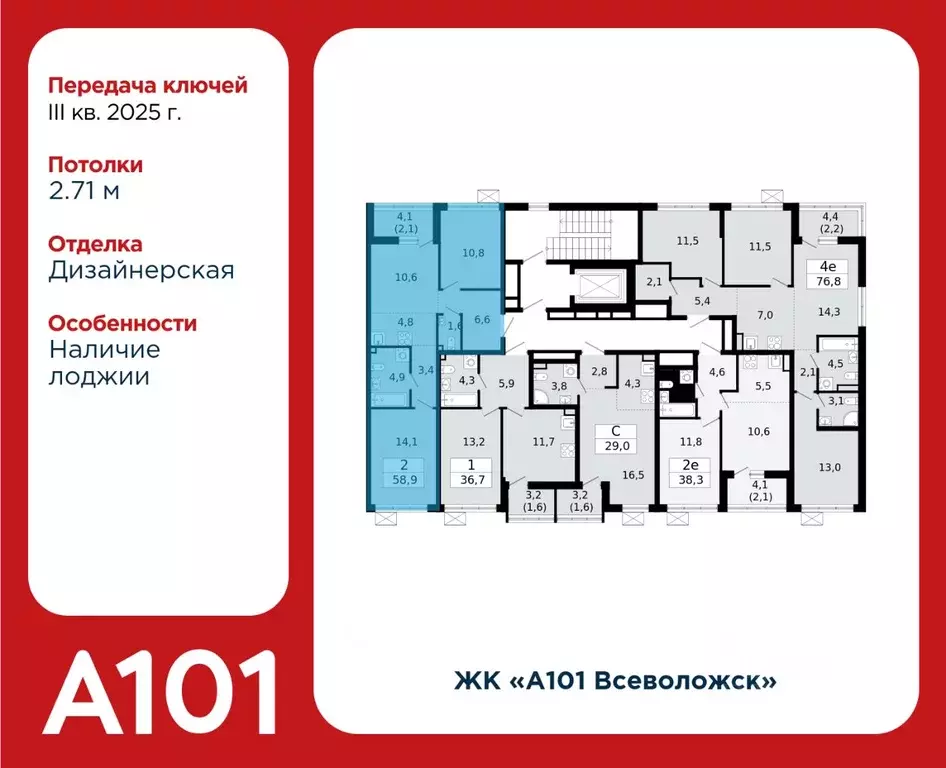 3-к кв. ленинградская область, всеволожск южный мкр, 3.2 (58.9 м) - Фото 1