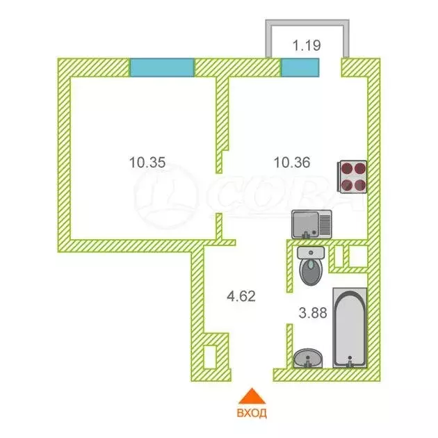 1-комнатная квартира: Тюмень, Харьковская улица, 76 (29.9 м) - Фото 0