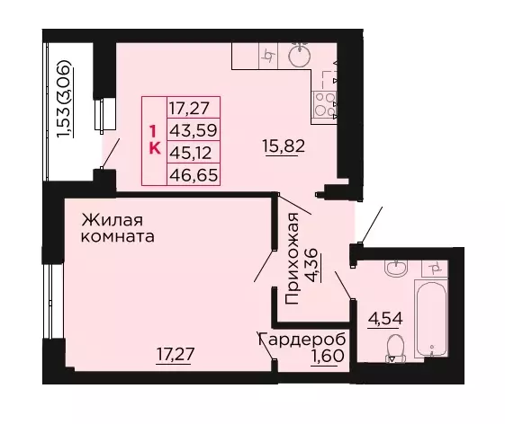 1-к квартира, 45.12 м - Фото 0