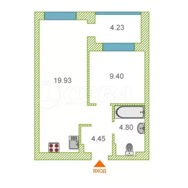 1-комнатная квартира: Тюмень, Краснооктябрьская улица, 6 (39 м) - Фото 0