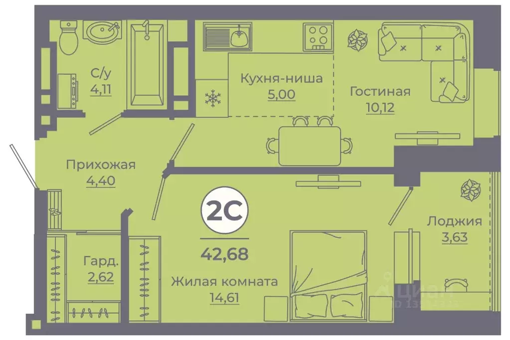 2-к кв. Ростовская область, Ростов-на-Дону ул. Еременко, 113 (42.38 м) - Фото 1