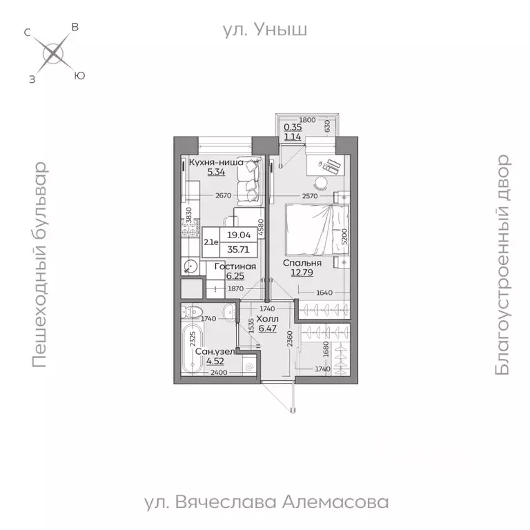 2-к кв. Татарстан, Казань ул. Рауиса Гареева (35.72 м) - Фото 0