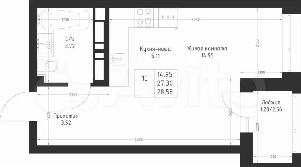 Квартира-студия, 28,6 м, 5/23 эт. - Фото 1
