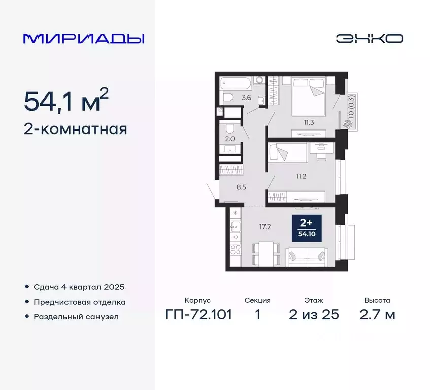 2-к кв. Тюменская область, Тюмень Мириады жилой комплекс (54.1 м) - Фото 0