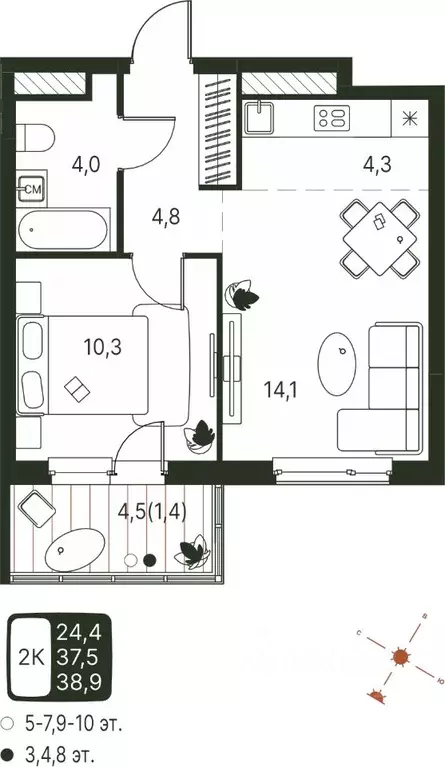 Студия Пермский край, Пермь ул. Серебристая, 1 (38.9 м) - Фото 1