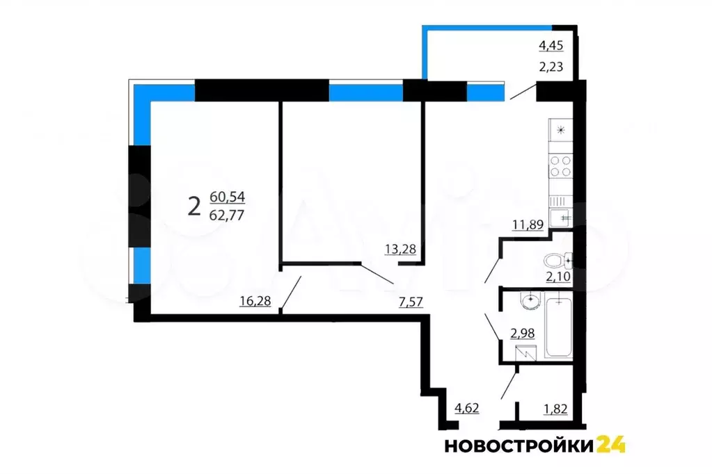 2-к. квартира, 62,7 м, 18/19 эт. - Фото 1