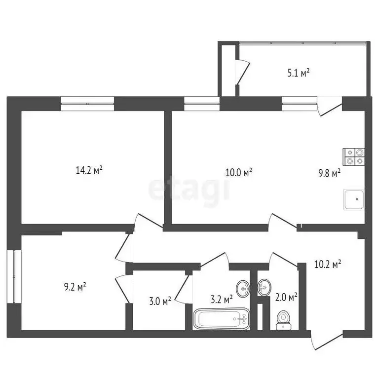 3-комнатная квартира: Тюмень, Профсоюзная улица, 53 (63 м) - Фото 0