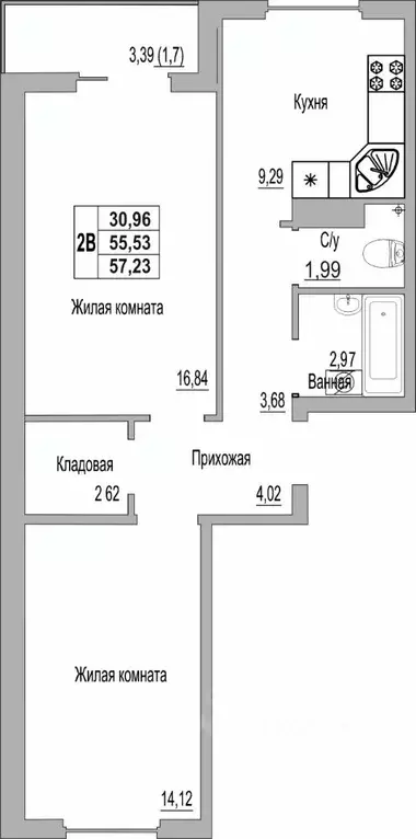 2-к кв. Псковская область, Псков Линейная ул., 89 (57.23 м) - Фото 1