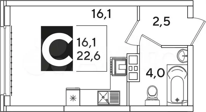 Квартира-студия, 22,6 м, 3/16 эт. - Фото 1