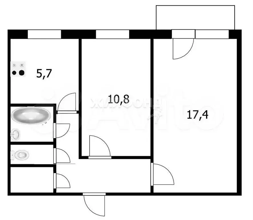 2-к. квартира, 43,7 м, 5/5 эт. - Фото 0